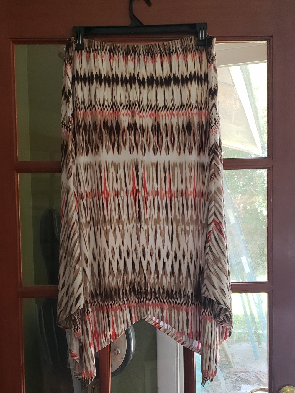 Chico's Brown Cream and Coral Printed Handkerchief-Hem Skirt